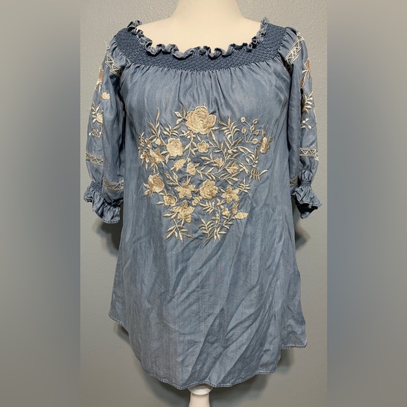Zara Dresses & Skirts - Zara Bardot Embroidered Boho Mini Dress Blue Off Shoulder Western Coastal Medium